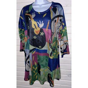 Et Lois Sz SMALL Abstract Print Soft Knit Pullover Tunic Top Pink Blue Green EUC